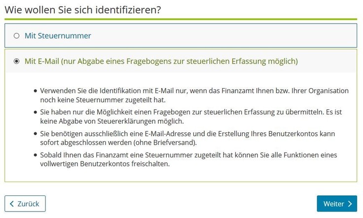 Registrierung für die elektronische Abgabe des Fragebogens zu steuerlichen Erfassung per E-Mail im ELSTER-Portal www.elster.de