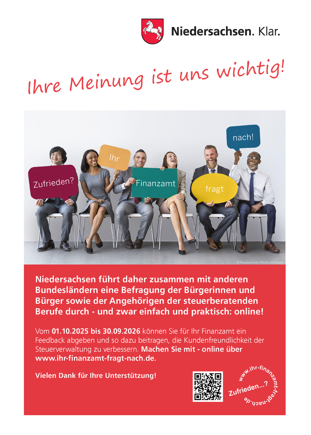 Werbeplakat zur Befragung von Bürgerinnen und Bürger sowie der Angehörigen der steuerberatenden Berufe